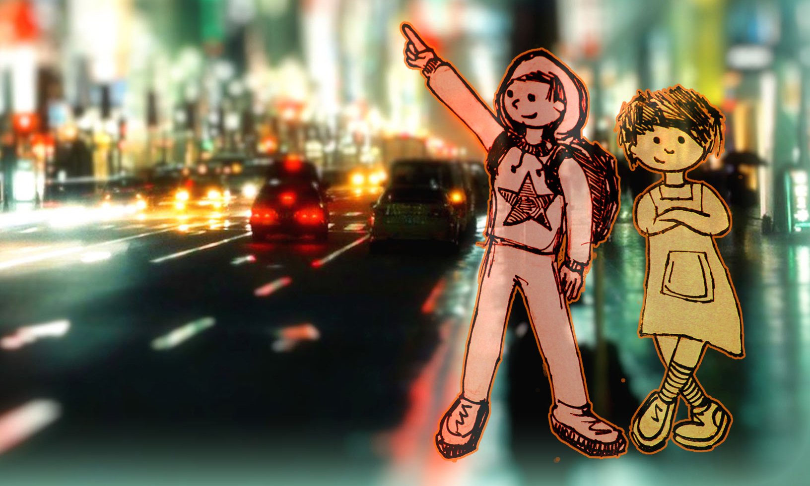 Two line drawn young people (one in a dungaree dress, one wearing a hoodie with a star on) stand at the side of a big road full of blurry lights in a big city. He points excitedly as if to say "let's go!"