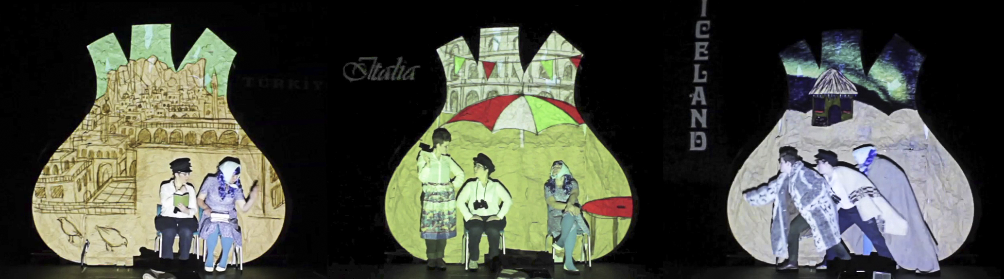 3 photos from a theatre production showing actors in front of a giant fennel-shaped projection screen: each shows hand-drawn settings representing different countries (these were created by schoolchildren in workshops)