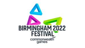 B22 Festival logo: pink, cyan and green triangles float above the words 'Birmingham 2022 Festival: commonwealth games'