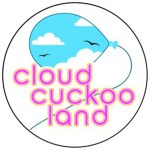 Cloud Cuckoo Land logo: pink lettering with a balloon that has a blue sky and scudding clouds inside

