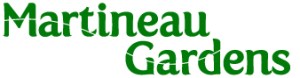 Martineau Gardens logo: serif lettering interrupted by the curving flight path of an insect